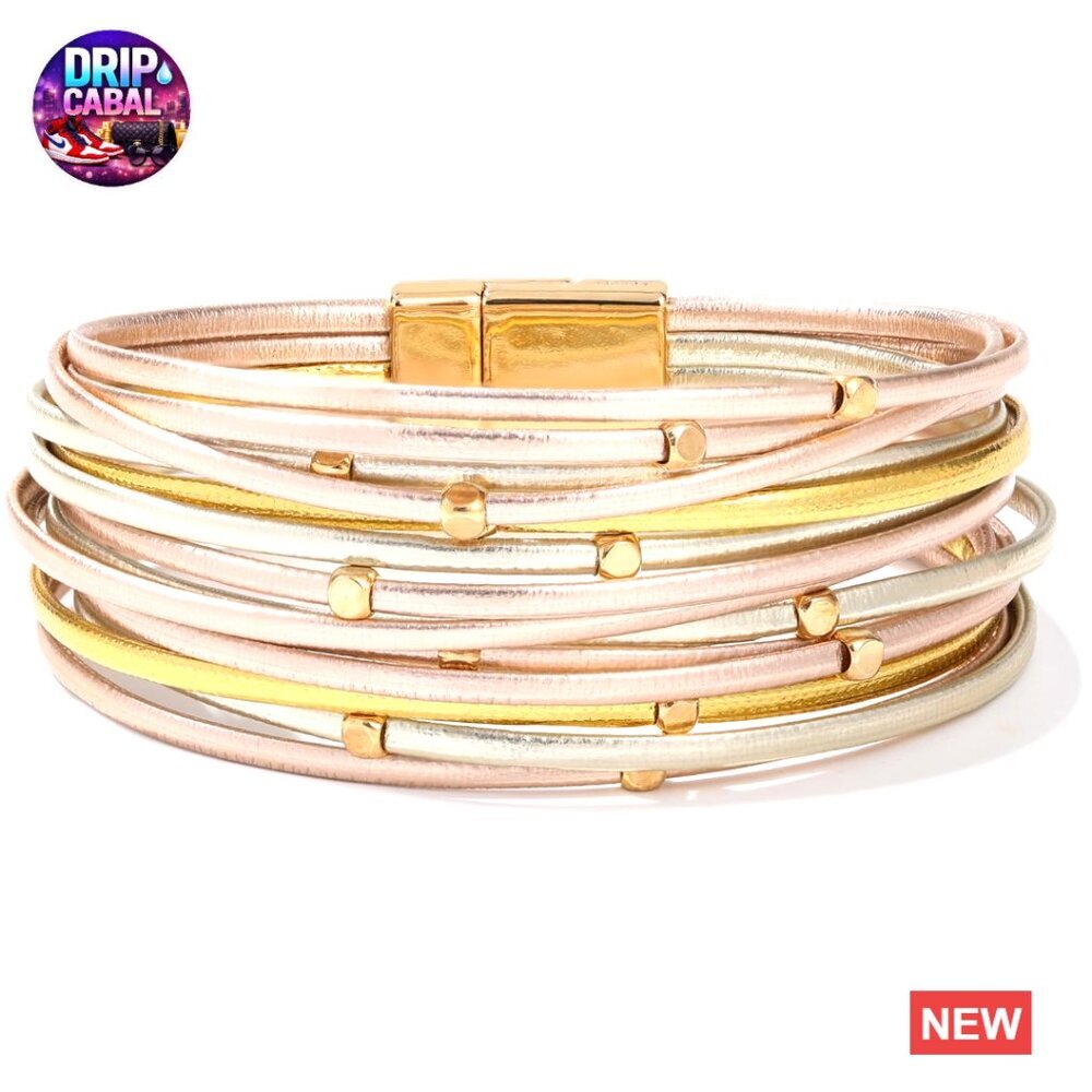 Boho Stackable Leather Wrap Bracelet with Magnetic Clasp Layered Strand